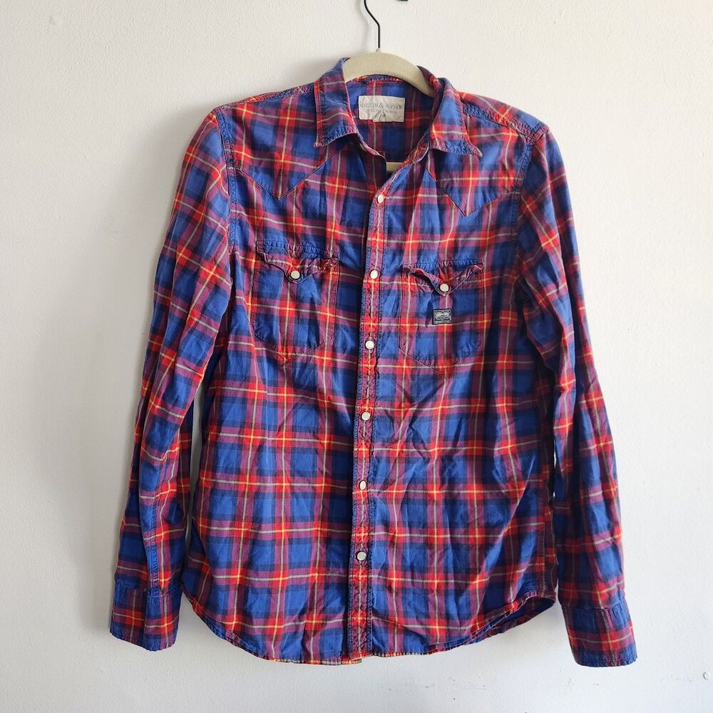 Denim & Supply plaid blue red long sleeves shirt pearl snaps M western ranch